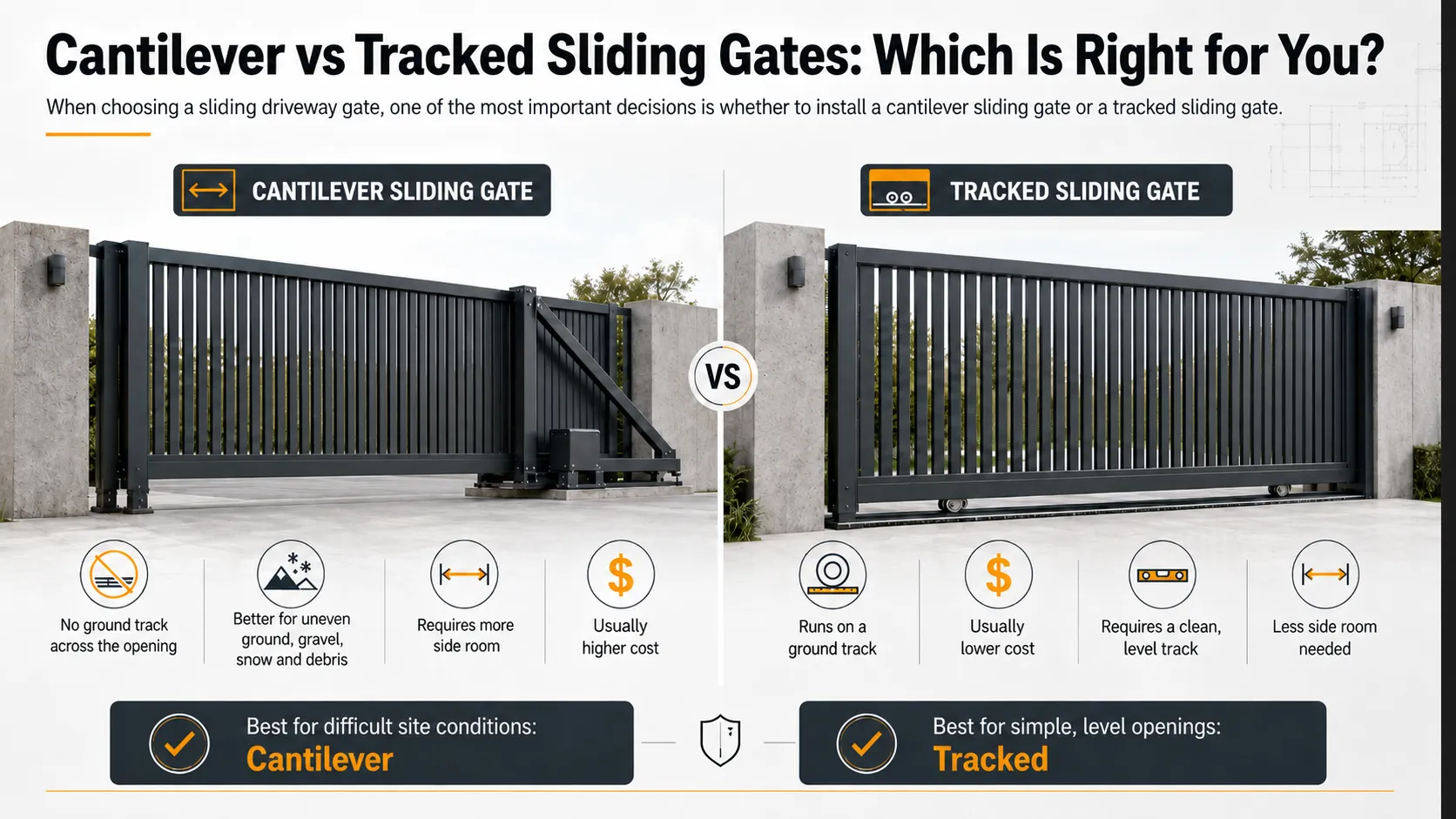 Sliding vs tracked gates comparison